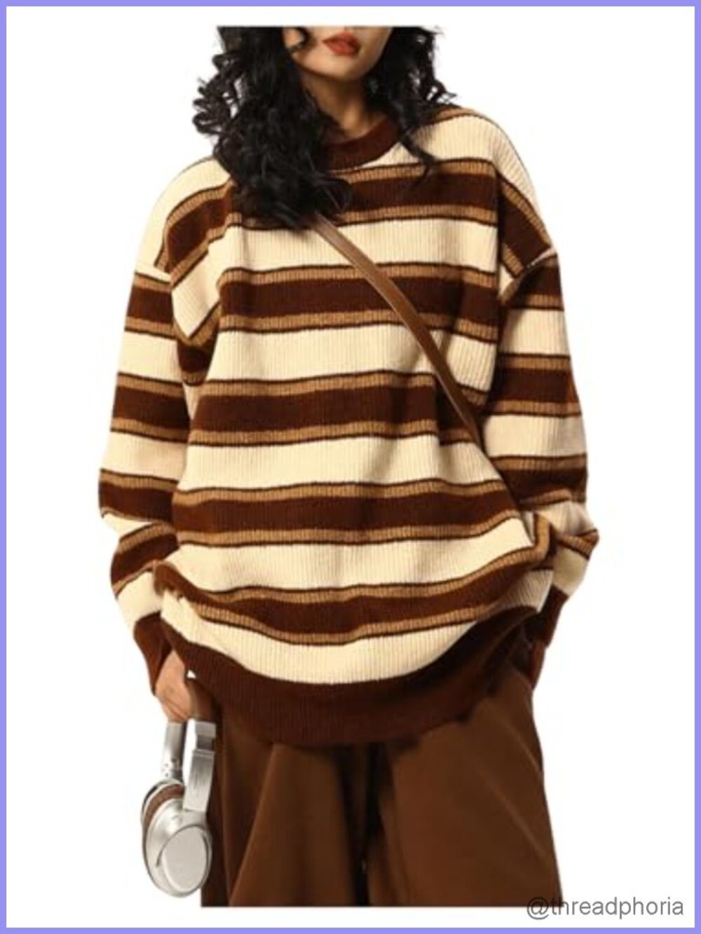 Oversized Striped Knit Pullover Sweater Long Sleeve Crew Neck Casual